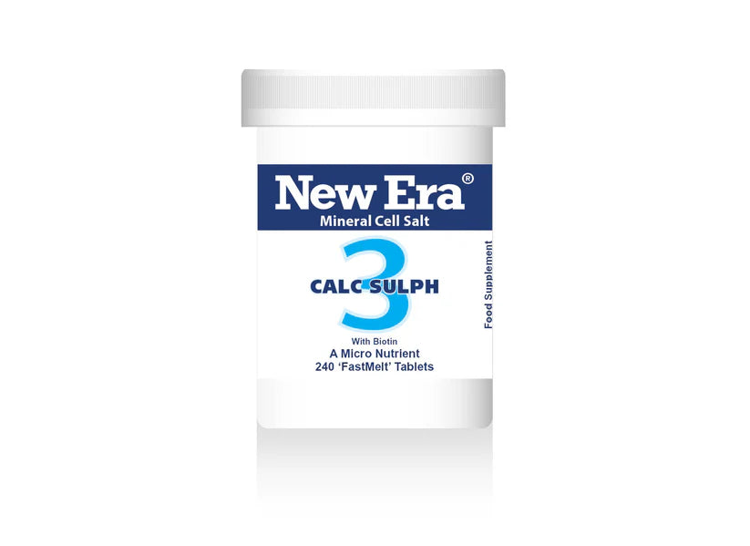 New Era Mineral Cell Salt 3 Calc Sulph with Biotin, 240 FastMelt tablets bottle food supplement.