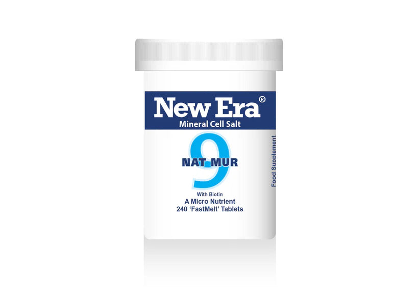 New Era Mineral Cell Salt 9 Nat Mur with Biotin, 240 FastMelt tablets bottle food supplement.