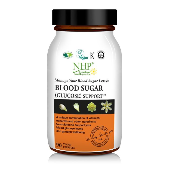 NHP Blood Sugar Support capsules for glucose balance and energy metabolism 60 pack vegan formula by Dr Marilyn Glenville.