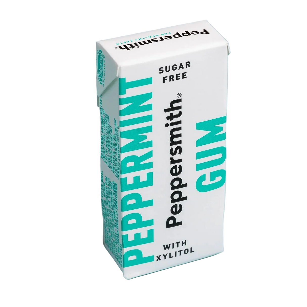 A Peppersmith Peppermint Gum carton box, sugar free with xylitol, standing upright on a light blue background.