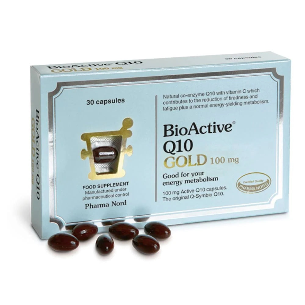 Pharma Nord BioActive Q10 Gold 100mg capsules for energy production, heart health, and reduced fatigue.