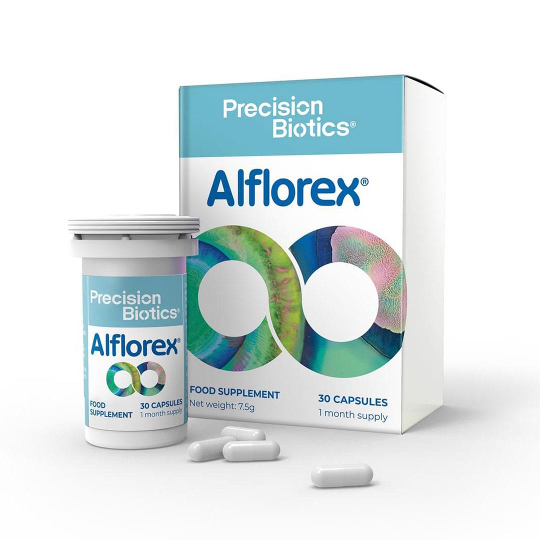 Front view of Precision Biotics Alflorex food supplement box and bottle with three white capsules in the foreground.