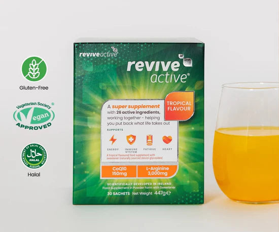 Revive Active Tropical Flavour 30 sachets super supplement for heart health energy and immune support.