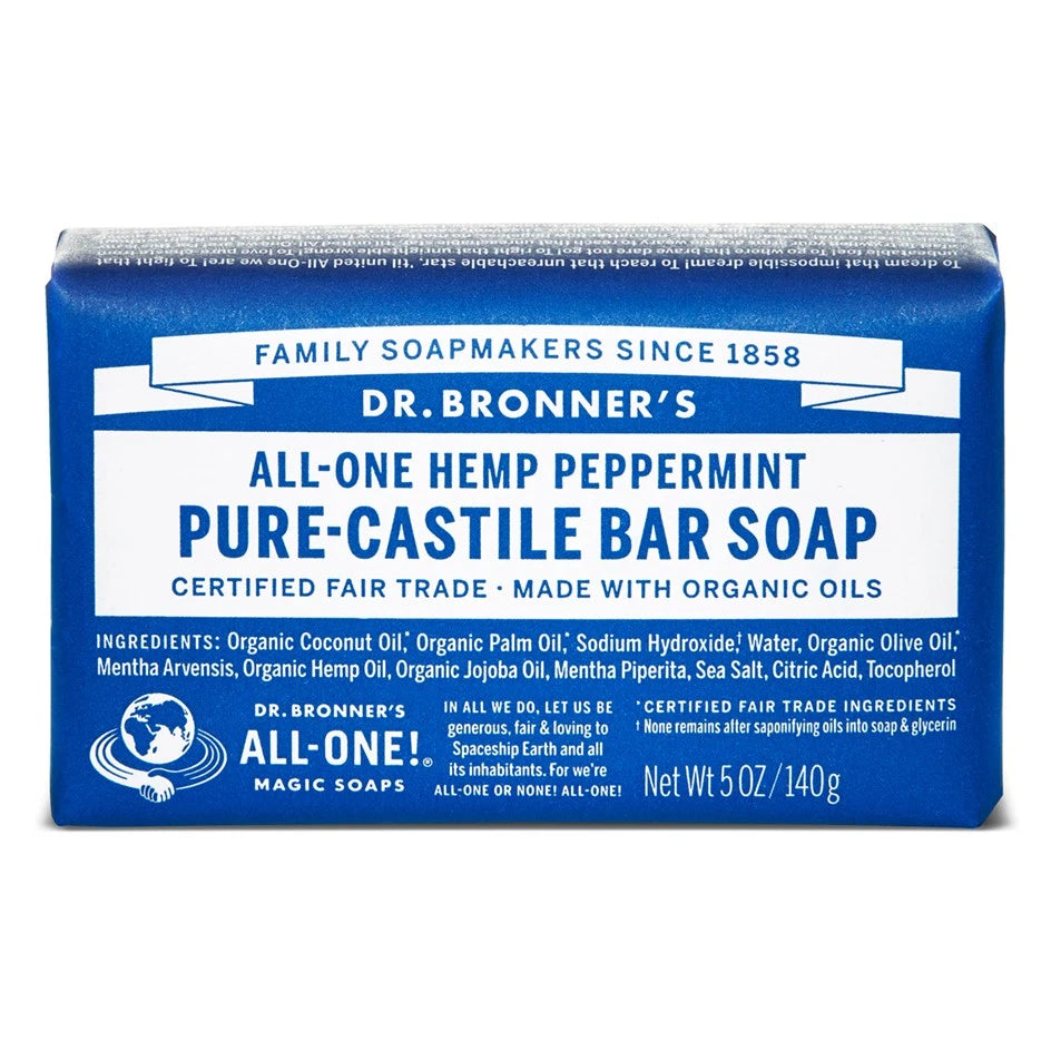 Dr. Bronner’s Organic Peppermint Pure-Castile Bar Soap 140g for invigorating skin cooling and natural detox.