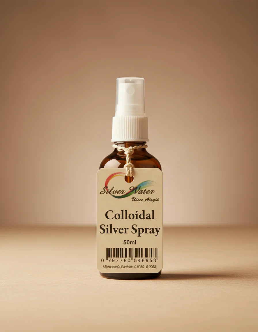 "Silver Water Colloidal Silver Spray, 50ml bottle, featuring a spray pump dispenser and a branded label.