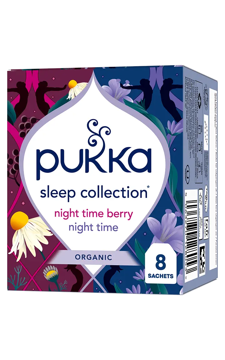 Pukka Sleep Collection tea box with floral and berry patterns in purple and blue. Text reads "night time berry," "night time," "organic," "8 sachets."