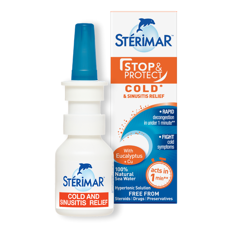 Stérimar Stop & Protect Cold and Sinusitis Relief is a 100% natural sea water nasal spray enriched with eucalyptus and copper. This hypertonic solution is formulated to provide rapid decongestion in under one minute and help fight cold symptoms. It is free from steroids, drugs, and preservatives.