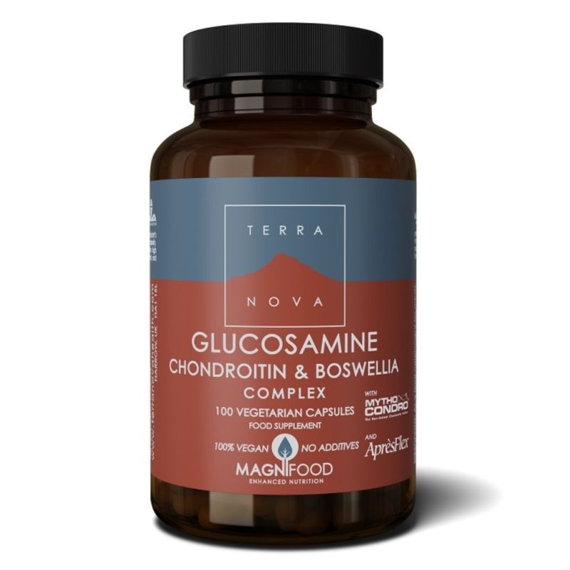 Terranova Glucosamine, Chondroitin, and Boswellia complex supplement bottle containing 100 vegan vegetarian capsules.