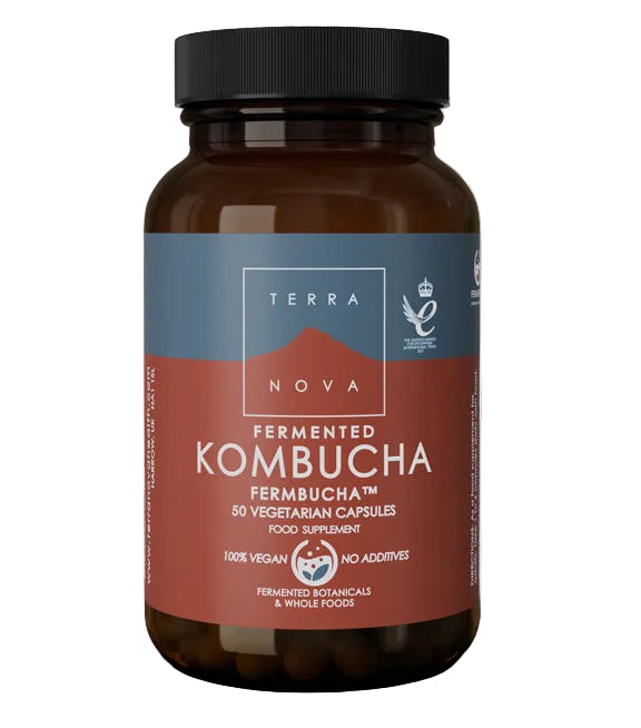 Terranova Fermented Kombucha FERMBUCHA 50 Capsules – fermented black tea supplement with SCOBY and matcha green tea for digestive support and overall wellbeing.