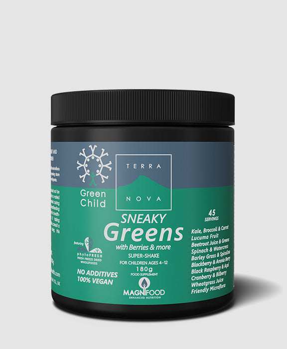 Terranova Green Child Sneaky Greens Super Shake 180g – children’s nutrient‑rich superfood shake with greens, fruits, vegetables and probiotics, free from added sugar and artificial ingredients.