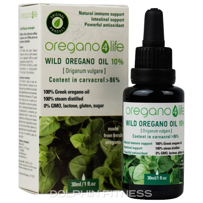 Oregano4Life 10% Wild Oregano Oil (30ml/1 fl. oz.), a steam-distilled, GMO-free supplement with over 86% carvacrol for immune and intestinal support.