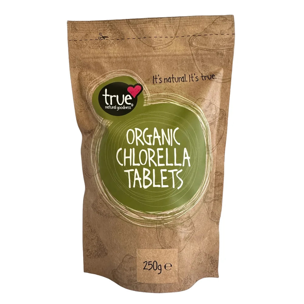 A 250g stand-up pouch of True Natural Products Organic Chlorella Tablets on a plain white background.