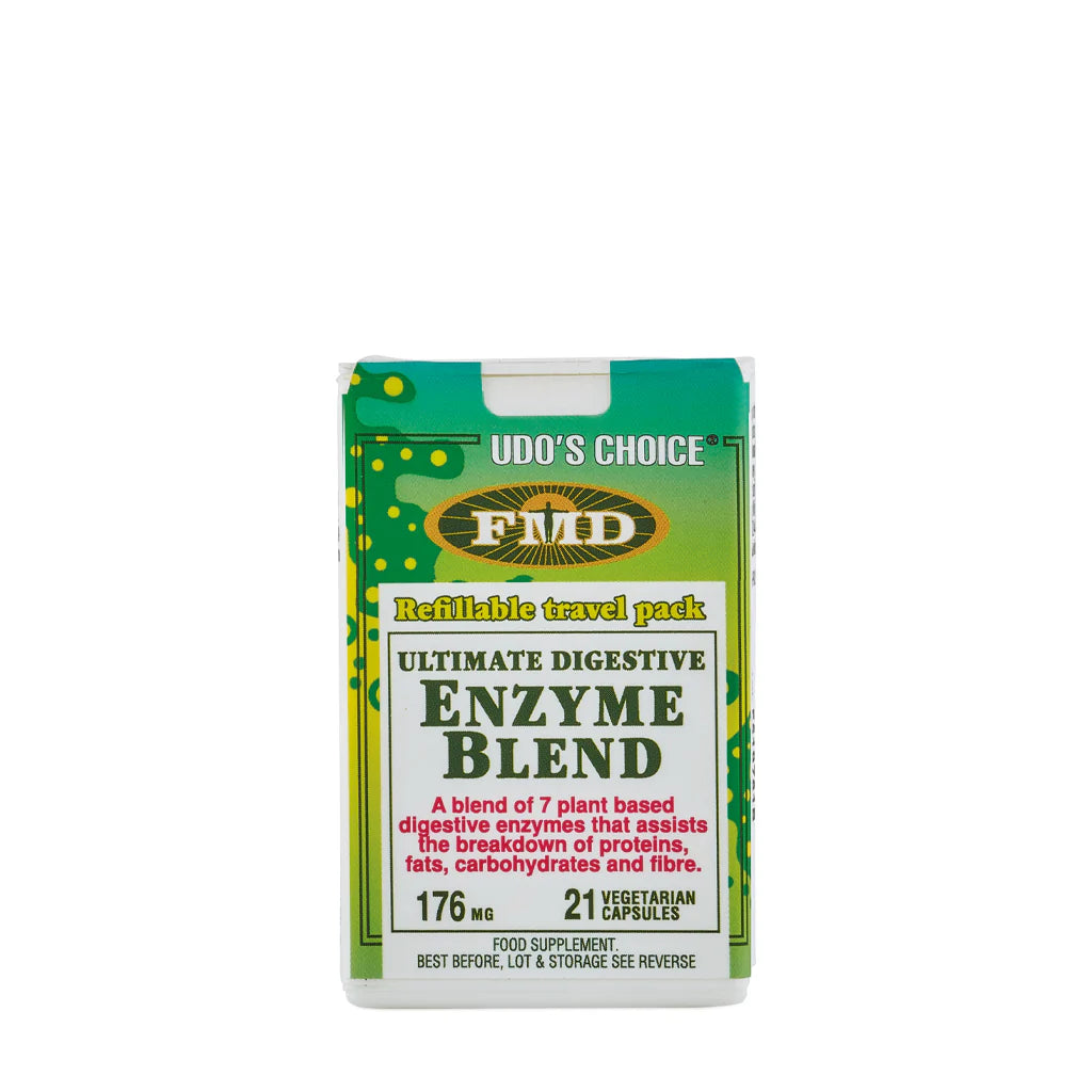Udo’s Choice Ultimate Digestive Enzyme Blend capsules for bloating and digestion travel pack 21 capsules.