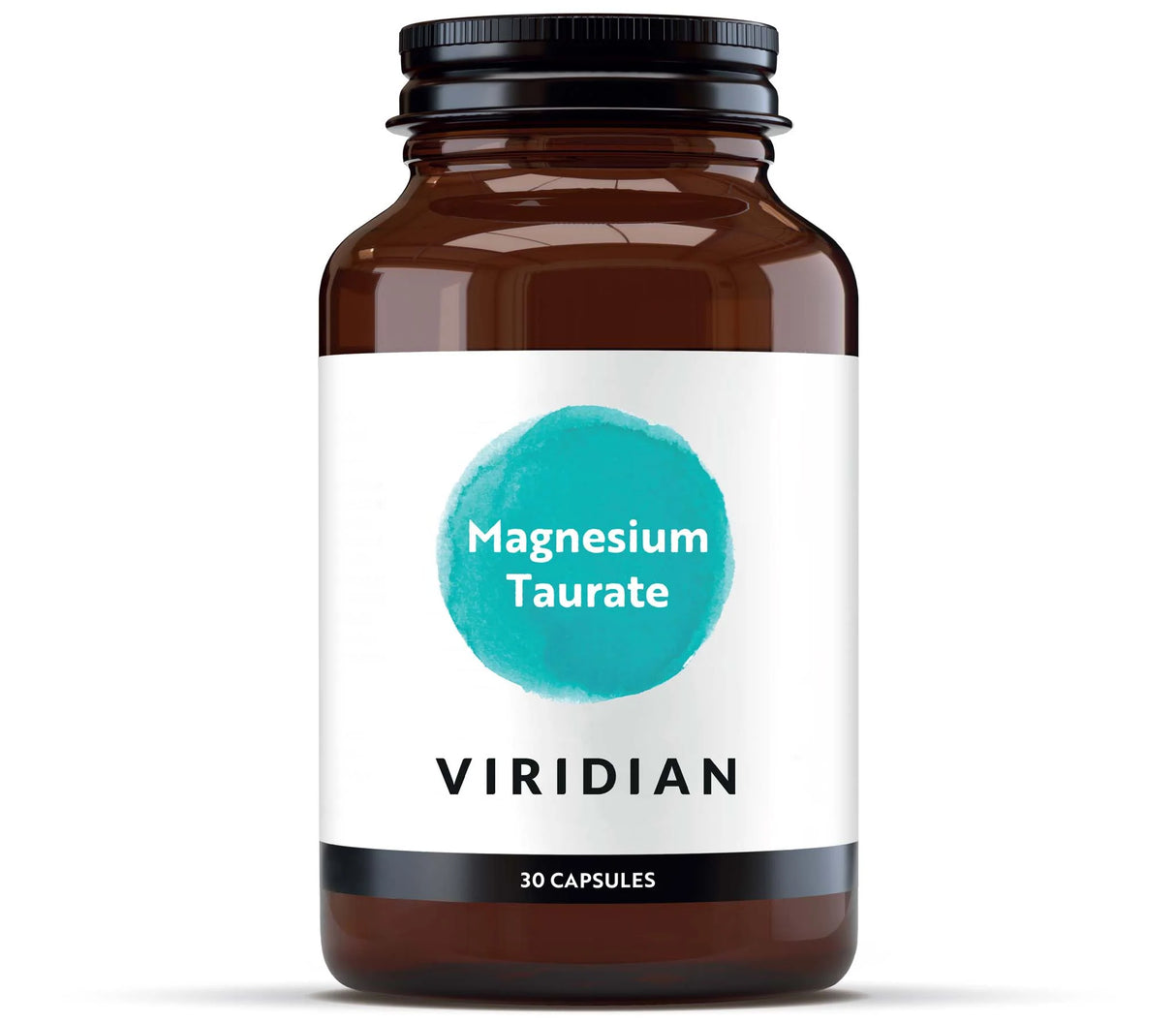 A 30-capsule amber glass jar of Viridian Magnesium Taurate food supplement with a white label and a turquoise watercolor-style circle, isolated on a white background.