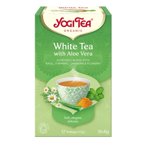 Yogi Tea White Tea with Aloe Vera 17 organic teabags with Jasmine and Cinnamon for inner radiance and antioxidant support.