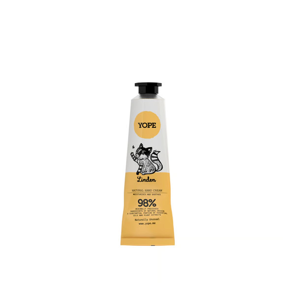 A yellow-and-white tube of YOPE Linden natural hand cream featuring an illustration of a raccoon, labelled as 98% minimally processed ingredients of natural origin.