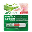 AloeDent multi-action aloe vera lip balm with Vitamin E, Pro-vitamin B5, and UVA/UVB protection.