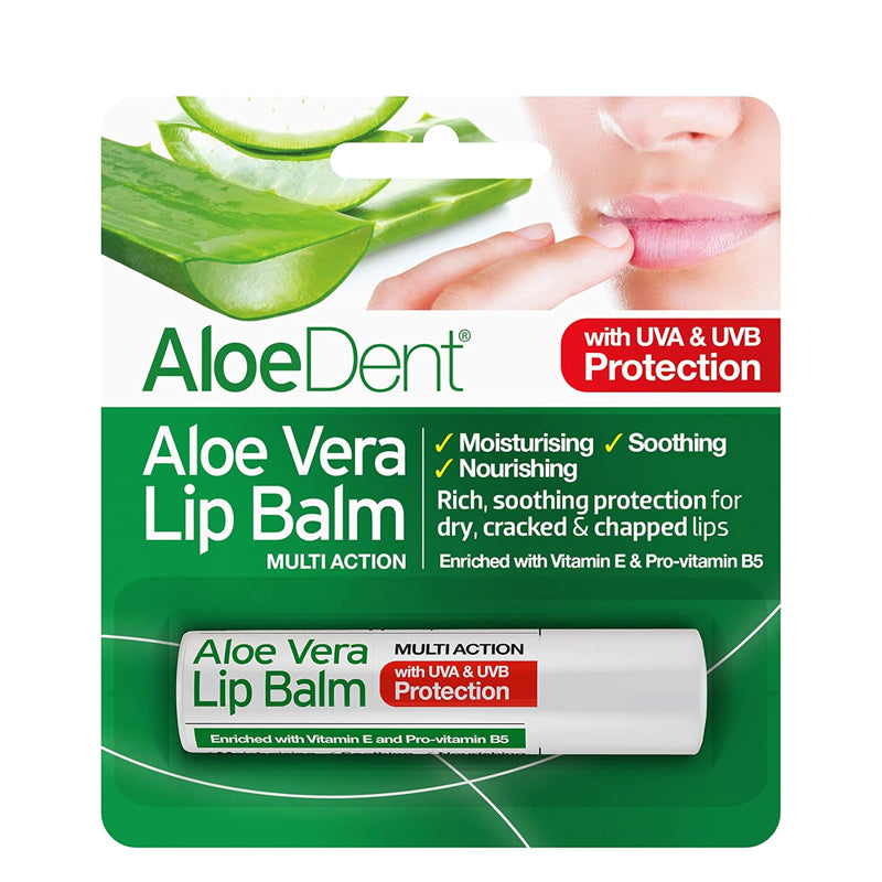 AloeDent multi-action aloe vera lip balm with Vitamin E, Pro-vitamin B5, and UVA/UVB protection.
