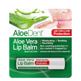 AloeDent multi-action aloe vera lip balm with Vitamin E, Pro-vitamin B5, and UVA/UVB protection.