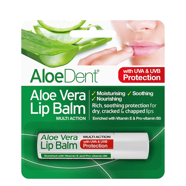 AloeDent multi-action aloe vera lip balm with Vitamin E, Pro-vitamin B5, and UVA/UVB protection.
