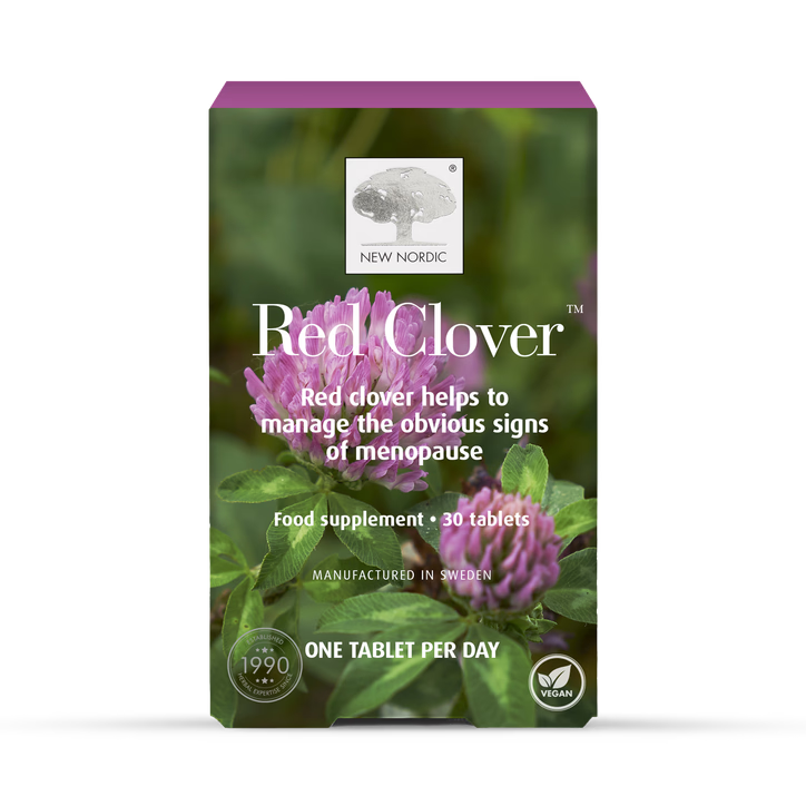 New Nordic Red Clover food supplement, 30 tablets, manufactured in Sweden, designed to help manage the signs of menopause.