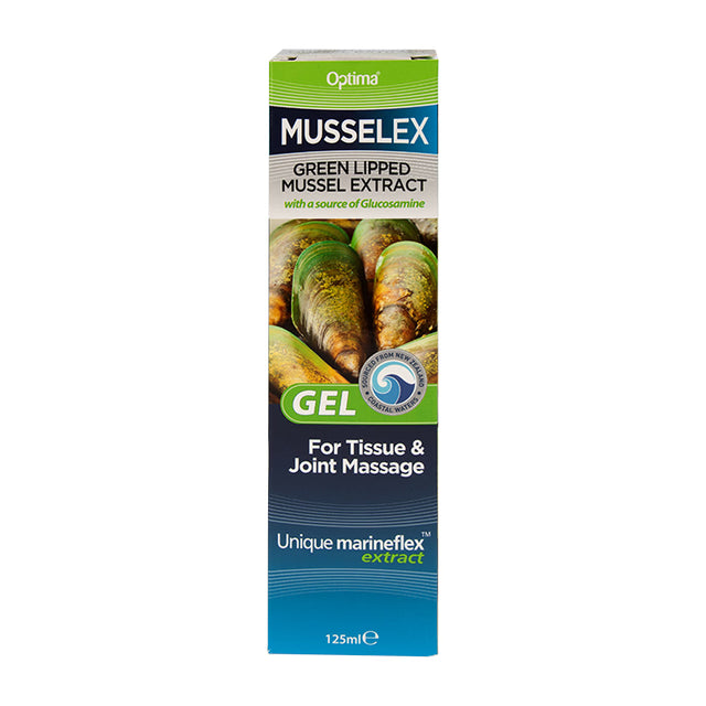 Optima Musselflex green lipped mussel extract gel for joint massage.