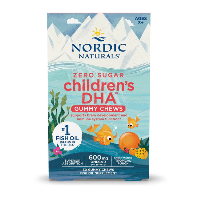 Nordic Naturals Zero Sugar Children's DHA Gummy Chews, tropical punch flavor, 30-count fish oil supplement for ages 3+.