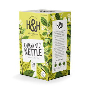 Box of Heath & Heather Organic Nettle Tea featuring green leaves and a butterfly design. Labeled "Naturally Caffeine Free". Contains 20 teabags.