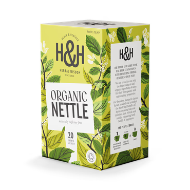 Box of Heath & Heather Organic Nettle Tea featuring green leaves and a butterfly design. Labeled "Naturally Caffeine Free". Contains 20 teabags.