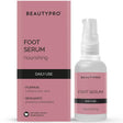 Pink BeautyPro Foot Serum packaging with bottle and box. Highlights daily use, nourishing formula with pumpkin for softening and bergamot as an antioxidant.