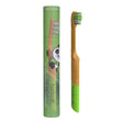 Green and natural-themed packaging for a children's bamboo toothbrush with a panda illustration. The toothbrush has a bamboo handle and green bristles.
