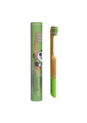 Green and natural-themed packaging for a children's bamboo toothbrush with a panda illustration. The toothbrush has a bamboo handle and green bristles.