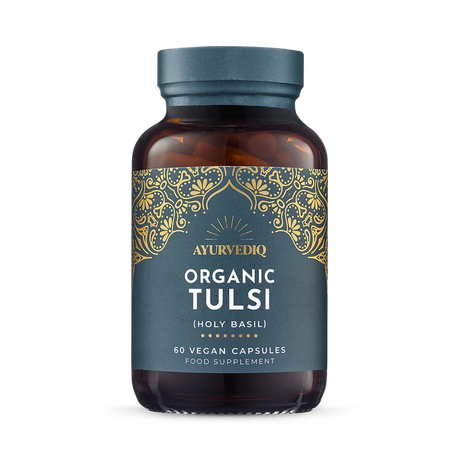 Ayurvediq Organic Tulsi (Holy Basil) food supplement, 60 vegan capsules.
