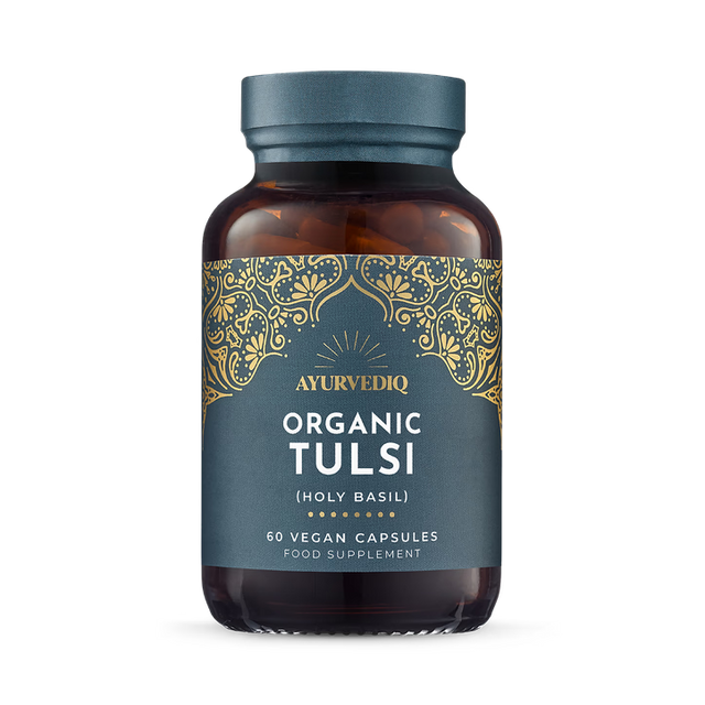 Ayurvediq Organic Tulsi (Holy Basil) food supplement, 60 vegan capsules.