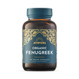 Brown bottle with a blue label, featuring intricate gold designs. Text reads "AYURVEDIQ Organic Fenugreek, 60 Vegan Capsules, Food Supplement."