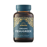 Brown bottle with a blue label, featuring intricate gold designs. Text reads "AYURVEDIQ Organic Fenugreek, 60 Vegan Capsules, Food Supplement."