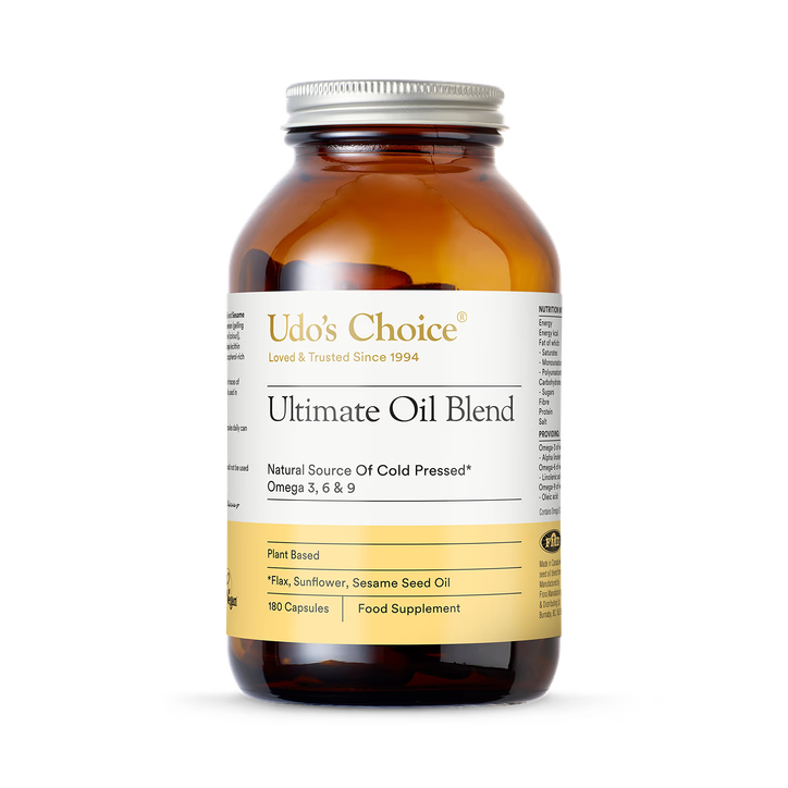 Udo's Choice Ultimate Oil Blend, 180 plant-based capsules, a food supplement containing a natural source of cold-pressed Omega-3, 6, and 9 from flax, sunflower, and sesame seed oils.