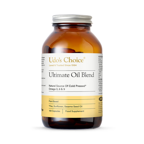 Udo's Choice Ultimate Oil Blend, 180 plant-based capsules, a food supplement containing a natural source of cold-pressed Omega-3, 6, and 9 from flax, sunflower, and sesame seed oils.