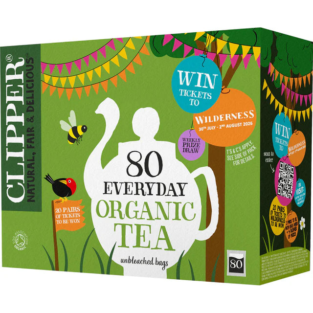 Clipper Everyday Organic Tea, featuring 80 unbleached teabags and a promotional competition to win tickets to the Wilderness festival.