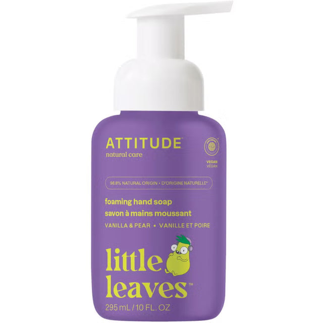 ATTITUDE Little Leaves foaming hand soap, Vanilla & Pear scent, 295 ml (10 fl. oz.) vegan formula.