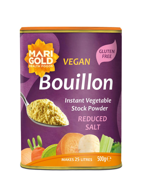 Marigold Reduced Salt Vegan Bouillon instant vegetable stock powder container.