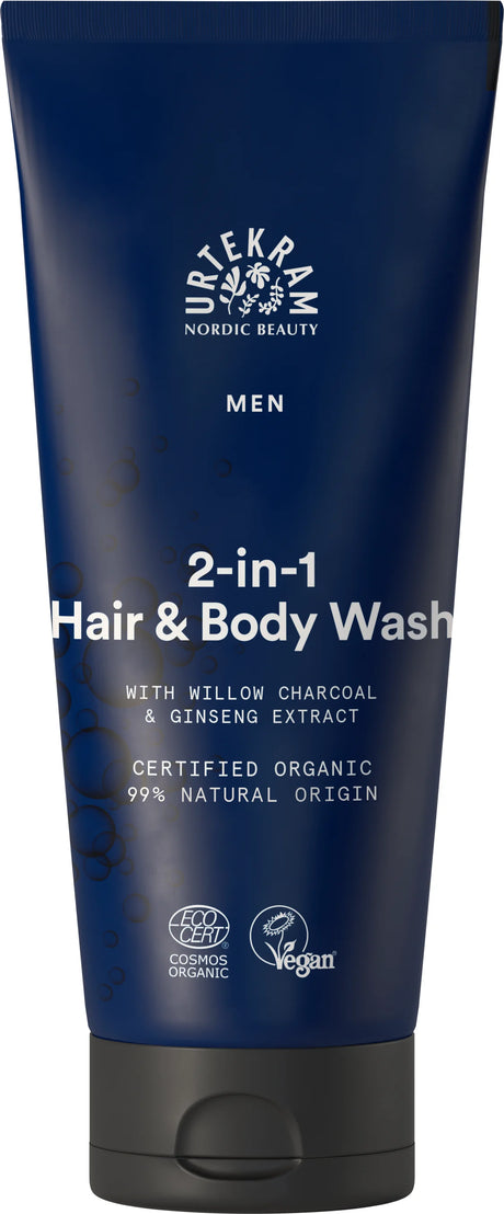 Urtekram Nordic Beauty Men's 2-in-1 Hair & Body Wash, formulated with willow charcoal and ginseng extract, 99% natural origin, certified organic and vegan.
