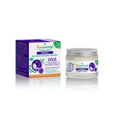 A jar and its matching product box for Puressentiel "Sommeil" (Sleep) baby soothing massage balm. This organic, 100% natural formula is dermatologically and pediatrically tested to help hydrate, relax, soothe, and promote rest for babies from 6 months old.