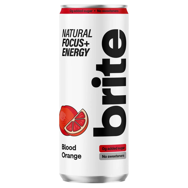 Brite Blood Orange natural focus and energy drink, featuring 0g added sugar and no sweeteners.