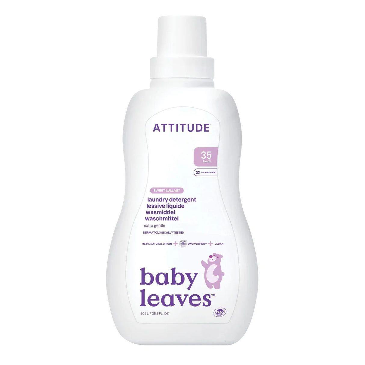 A bottle of ATTITUDE Baby Leaves laundry detergent in the "Sweet Lullaby" scent, featuring a 2x concentrated formula for 35 loads. It is marketed as extra gentle, dermatologically tested, vegan, and made with 99.9% natural origin ingredients.
