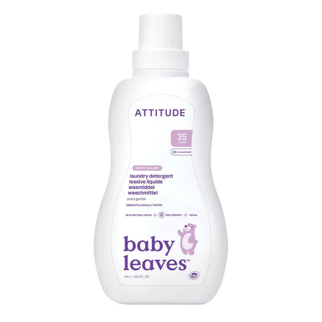 A bottle of ATTITUDE Baby Leaves laundry detergent in the "Sweet Lullaby" scent, featuring a 2x concentrated formula for 35 loads. It is marketed as extra gentle, dermatologically tested, vegan, and made with 99.9% natural origin ingredients.