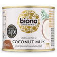Biona Organic Coconut Milk, made from pressed coconut kernel, in a convenient 200ml can with a Great Taste 2019 award label.