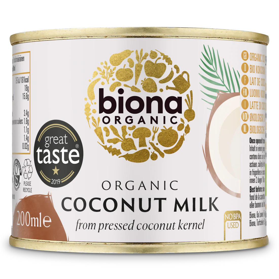 Biona Organic Coconut Milk, made from pressed coconut kernel, in a convenient 200ml can with a Great Taste 2019 award label.