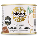 Biona Organic Coconut Milk, made from pressed coconut kernel, in a convenient 200ml can with a Great Taste 2019 award label.