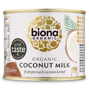 Biona Organic Coconut Milk, made from pressed coconut kernel, in a convenient 200ml can with a Great Taste 2019 award label.